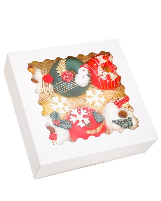 qiqee Auto-pop up 50 Packs Bakery Box With Window 8x8x2.5 inch White Pie Boxes Pastry Box