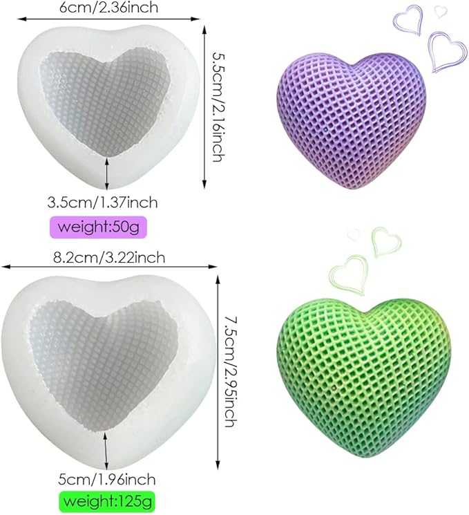 FineInno 2pcs 3D Heart Candle Resin Mold, Grids Love Heart Silicone Molds for Candle Soap Making, Woven Love Epoxy Mould for DIY Bath Bomb Fondant Chocolate Cake Decor
