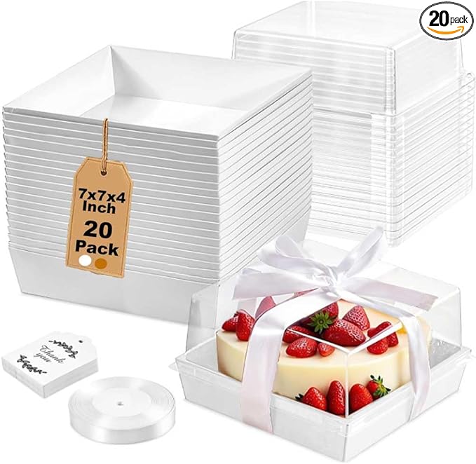 20 Pack 7x7x4 Cake Boxes with Clear Lids for 4-6 Inch Cakes, Treats or Desserts – Paper Bento Cake Boxes, Disposable Bundt Containers – Bakery Take Out Containers – To Go Square Packaging, White