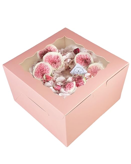 qiqee 10x10x5 Cake Box, 4 Sets Pink Cake Box with Window ＆ 4 Sets 10" Pink Cake Round Boards, 10inch Cake Containers