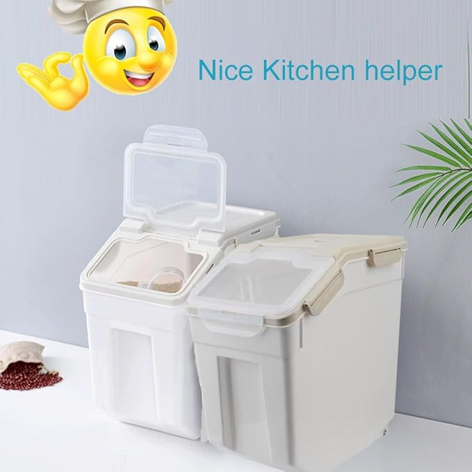 YXQ 25LB Large Flour Storage Container Bin ,2 Pack Airtight Plastic with Wheels Seal Locking Lid Dispenser Organizer Storage Bin with Measuring Cup & Scoop for Flour, Rice, Grain 50LBS Total