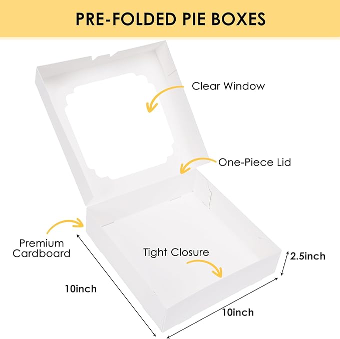 Moretoes 45pcs Pie Boxes, 10x10x2.5 Inches White Bakery Boxes Cookie Container with Window for Treats, Pie, Strawberries, Cookie Cake, Pastries, Muffins and Donuts