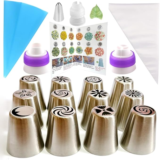 Russian Piping Tips Set, 48PCS Flower Piping Tips for Cake Decorating Large Frosting Piping Kit Icing Bags and Tips Set, Pastry Bags and Tips Cupcake Decorating Kit Cookie Baking Supplies and Tools