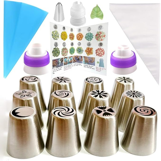 Russian Piping Tips Set, 48PCS Flower Piping Tips for Cake Decorating Large Frosting Piping Kit Icing Bags and Tips Set, Pastry Bags and Tips Cupcake Decorating Kit Cookie Baking Supplies and Tools