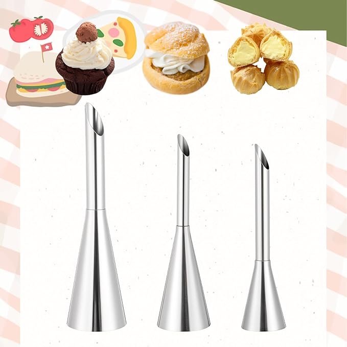 Pastry Cream Filling Tip 3 Pcs Long Cream Icing Piping Nozzle Tips with 2 Brushes Puff Pastry Filling Cake Decorating Tools Stainless Steel Pipings Tips Puff Creams Fillings Piping Tip Kit