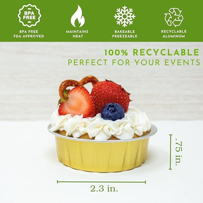 CMJJ 100ct Tiny 2oz Gold Bakeable Aluminum Cups | Mini Disposable Ramekins | Baking Essentials for Parties, Weddings, Catering