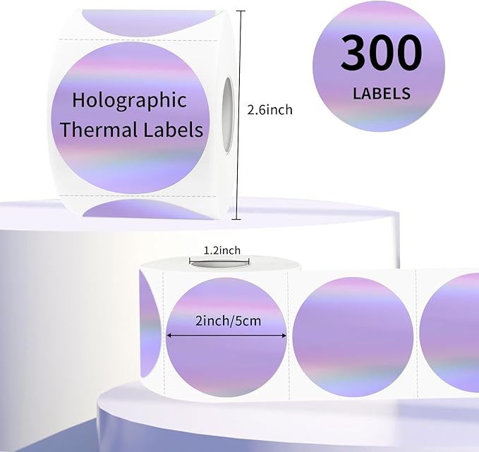 2" Circle Holographic Thermal Label Stickers, Round Printable Rainbow Glitter Thermal Printer Sticker Labels for Gift Wrapping, Self-Adhesive Name Price Tag DIY Custom Logo Design- Purple