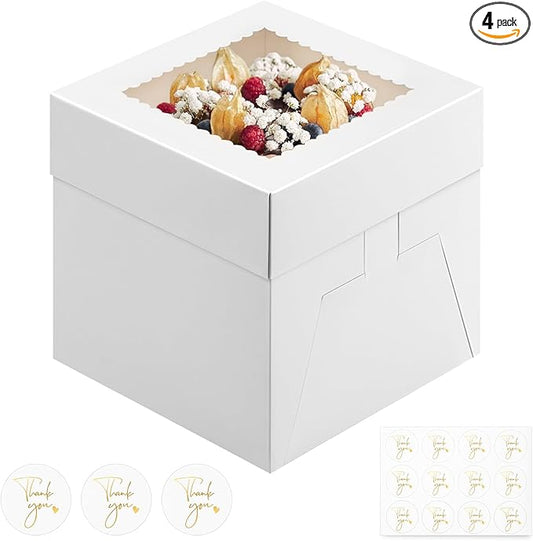 Ocmoiy 4 Sets Cake Boxes, 8 x 8 x 8 Inches White Bakery Boxes with Window Tall Cake Containers for Wedding Birthday Party