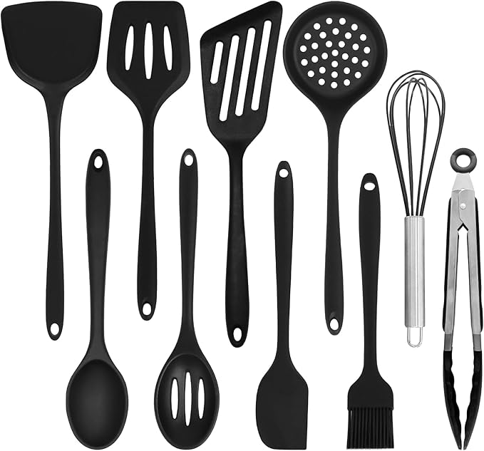 Silicone Kitchen Utensils Set, 600°F Heat Resistant Cooking Utensils Set with Slotted Turner, Tongs, Whisk, Spoons, Spatulas, Brush, Kitchen Gadgets Sets for Nonstick Cookware, Black