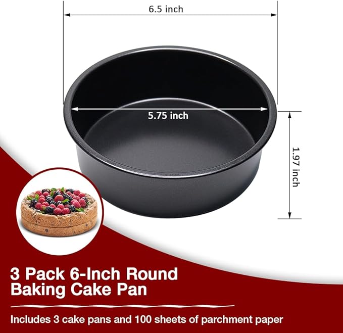 6 Inch Cake Pan Set of 3, Round Cake Pans with 100 Pieces Parchment Paper, Cake Baking Pans, Cake Tins for Baking