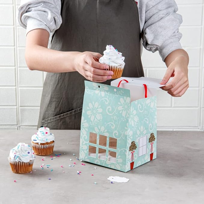 Restaurantware Pastry Tek 6 Inch x 7.8 Inch Cupcake Gift Boxes 100 Fits 4 Cupcake Favor Boxes - House Cupcake Inserts Pink And Blue Paper Treat Boxes With Window For Weddings Or Parties