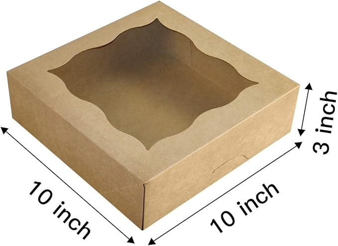 CHERRY 25-PACK 10"x10"x3"Brown Bakery Boxes with PVC Window for Pie and Cookies Boxes Large Natural Kraft Paper Box 10x10x3inch