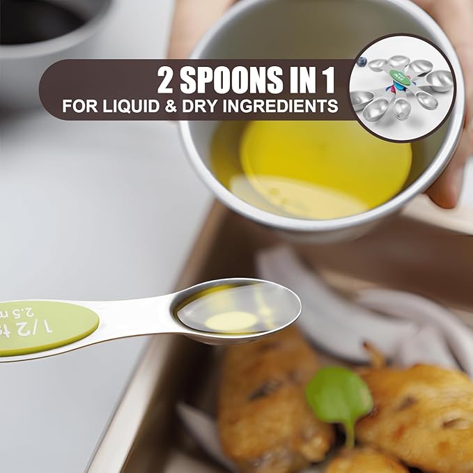 SHIKORI Magnetic Measuring Spoons Set Stainless Steel Stackable Dual Sided Nesting Teaspoons and Tablespoons for Measuring Dry and Liquid Ingredients-Multicolor 9 Pcs