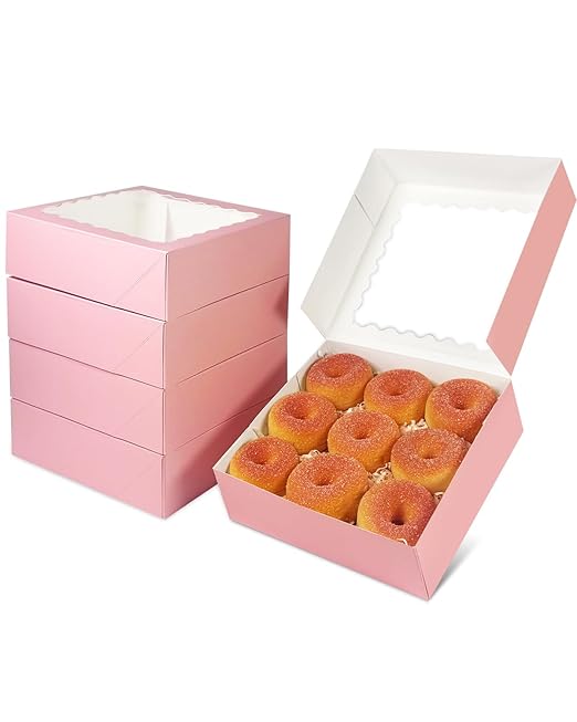qiqee 10x10x2.5 Inch Pink Pie Boxes with Window 12Packs Cookie Donut Bakery Box (Auto-pop Up)