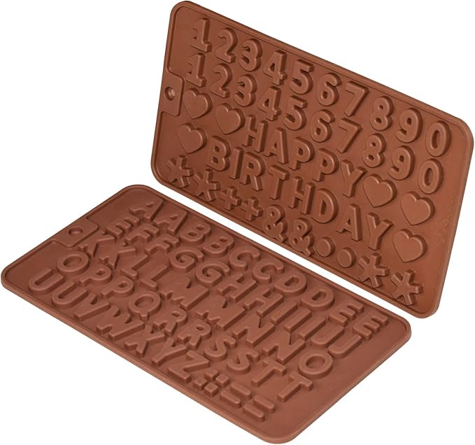 Silicone Letter Number Molds,Reusable Chocolate Molds with Happy Birthday Cake Decorating Symbols(Brown 2pcs)
