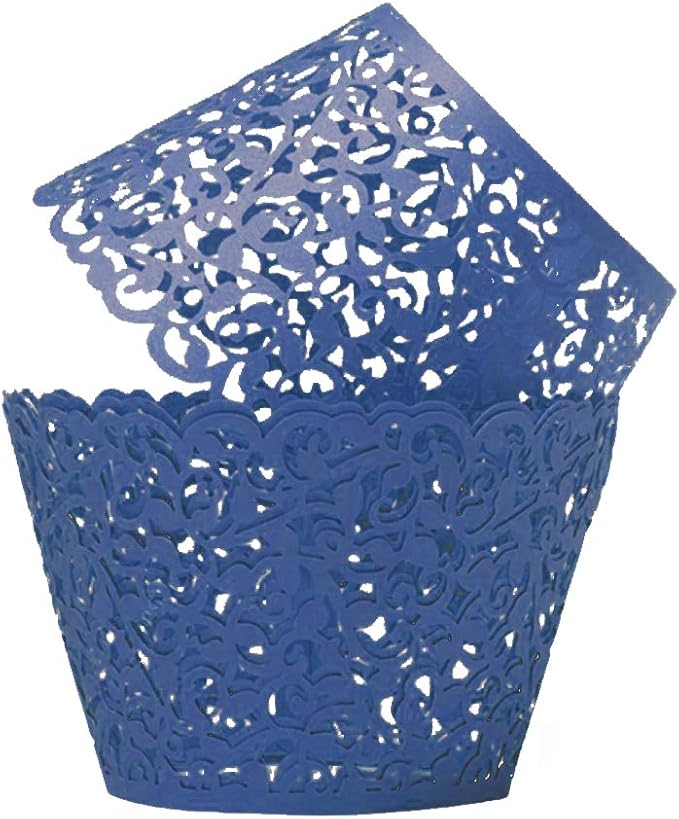 100pcs Cupcake Wrappers Artistic Bake Cake Paper Cups Little Vine Lace Laser Cut Liner Baking Cup Muffin Case Trays for Wedding Party Birthday Decoration (Navy Blue)