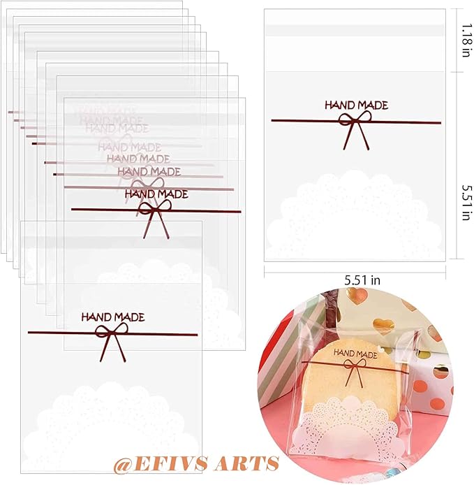 200pcs 5.5x5.5in Lovely Lace Bowknot Clear Biscuit Roasting Treat Present DIY Plastic Candy Individual Wrappers Self Adhesive OPP Cookie Bakery Decorating Favor Bags