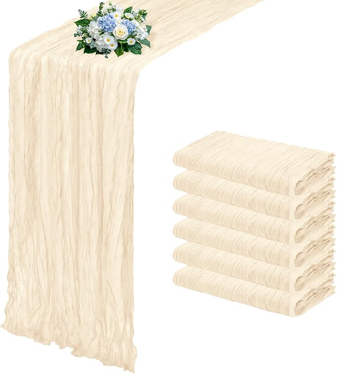 6 Pack Ivory Cheesecloth Table Runner 17x108 Inch Semi Sheer Boho Gauze Cheese Cloth Fabric Table Runners, for Wedding Party Baby Shower Birthday Home Decor Garden Farmhouse