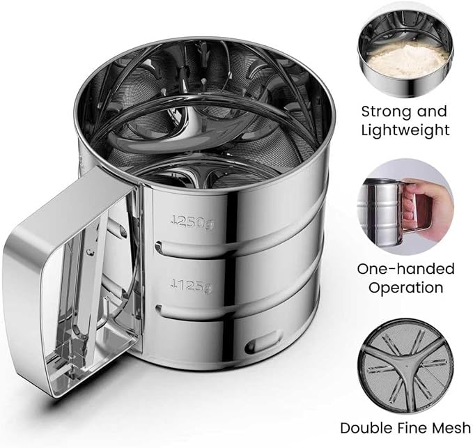 Flour Sifter,Upgraded 3-Cup Flour Sifter for Baking, One-Hand Press 3-in-1 Sifter with Double-Layer Fine Mesh, Stainless Steel Flour Sieve Baker for Quick Sifting and Super Smooth Dough Dusting
