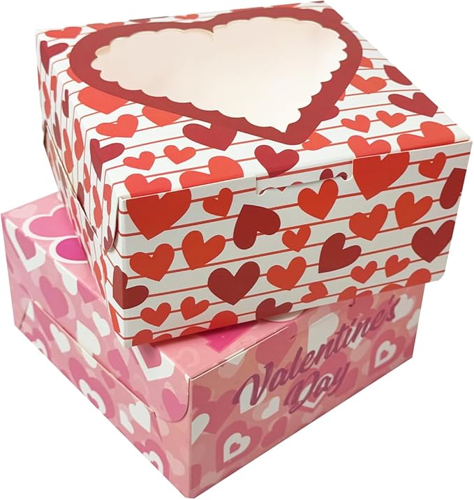 Bakepacker Valentine 30-Packs Bakery Boxes with Window 6x6x3 inches Thick & Sturdy Macaroon Pastry Boxes Cookie Boxes for Bakerys