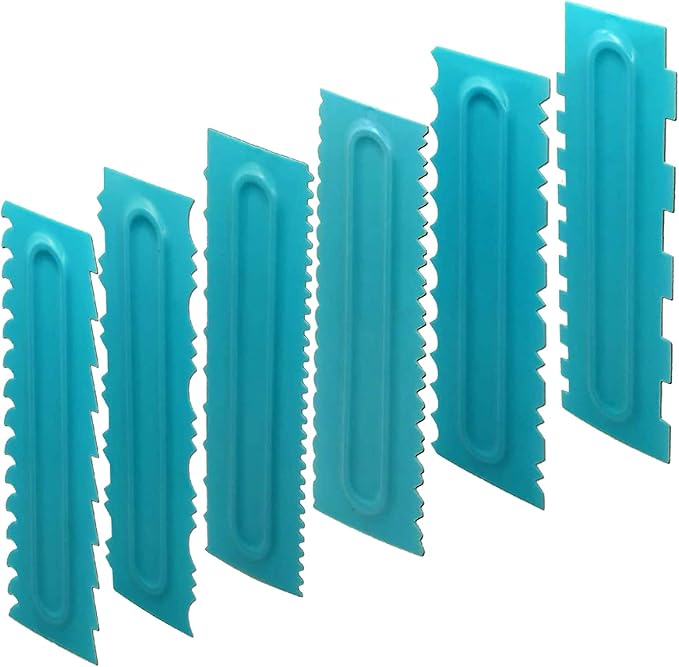 Antallcky Cake Scraper Polisher Set of 6 Pack Decorating Comb and Icing Smoother Mousse Butter Cream Cake Edge Tools, Plastic Sawtooth 12 Design Textures-Blue