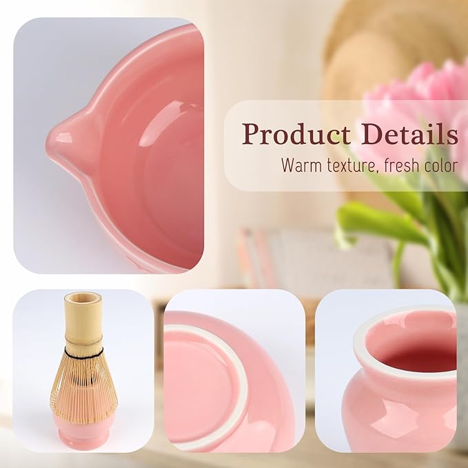 5Pcs Ceramic Matcha Set Pink, Matcha Whisk Set, Tea Set Includes Matcha Bowl 560ml/18.9oz, Matcha Whisk and Holder, Sifter, Bamboo Tascoop