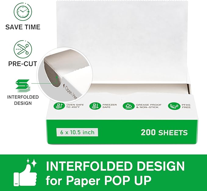 EcoDispose Precut POP UP Deli Paper Sheet Pack of 200, Interfolded Heavy Paper for Food Wrap and Serving (6" x 10-1/2", White）
