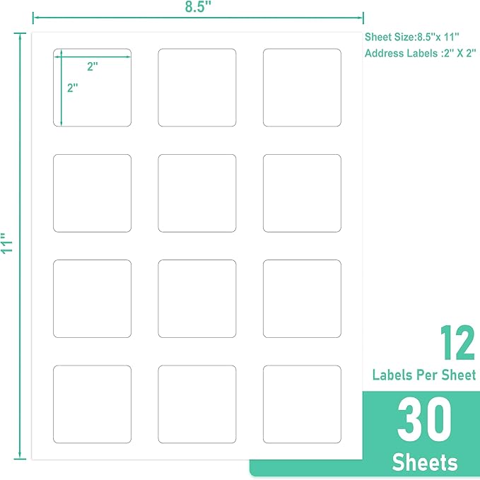 L LIKED 360 Printable Matte Square Sticker Labels 2”x2”- 12 Labels Per Sheet, 30 Sheets - Compatible with Laser & Inkjet Printings