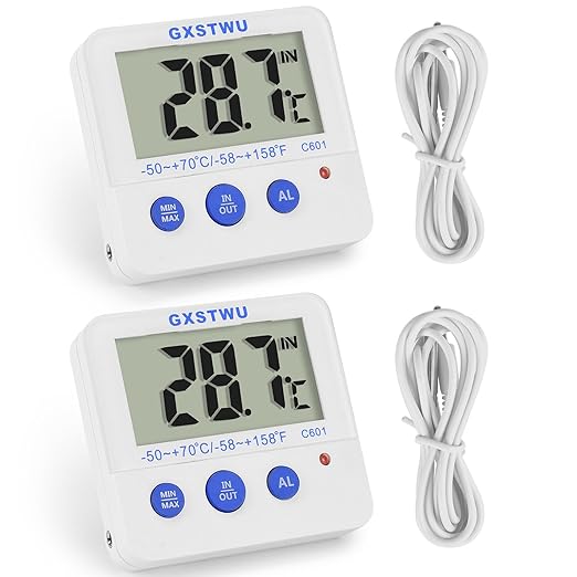 Fridge Freezer Thermometer Max/Min Memory High & Low Temperature Alarms Settings with LED Indicator Digital Refrigeration Thermometer with Magnetic,Stander (WhiteMeter2pack)