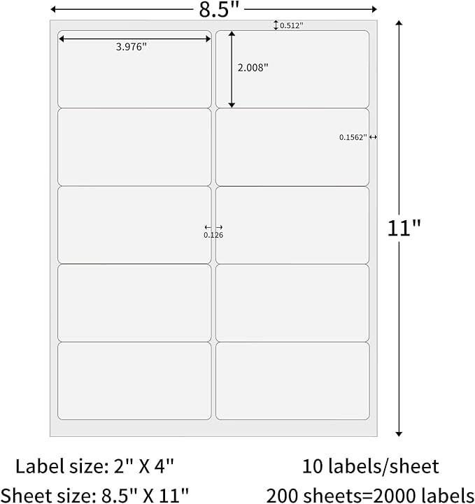 200 Sheets 2000 Counts Shipping Address Labels, 2 x 4 Address Mailing Labels for Laser & Inkjet Printer, 10 UP White Blank Printable Shipping Label, Strong Adhesive for FBA Label