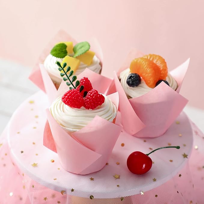 Jutom 200 Pack Tulip Cupcake Liners Paper Baking Cups Greaseproof Muffin Liners Grease Resistant Cupcake Wrappers for Weddings Birthday Cake Balls Muffins Candy Jelly Party(Pink)