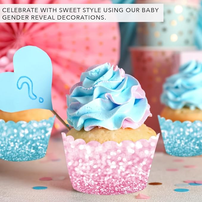Andaz Press Party Cupcake Wrapper Decorations, Faux Pink And Baby Blue Glitter, 24-Pack, Gender Reveal Boy Or Girl Baby Shower Theme Bulk Cake Supplies Gender Reveal Cupcake Wrappers Baby Shower