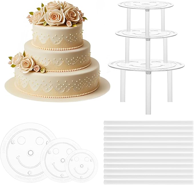 18 Pieces Cake Dowel Rods Set, 15 Pcs Cake Dowels Rods with 3 Pcs Cake Boards (6, 8,10 Inch) Cake Dowels for Tiered Cakes, Plastic Cake Support Rods for Wedding Cake Construction and Stacking