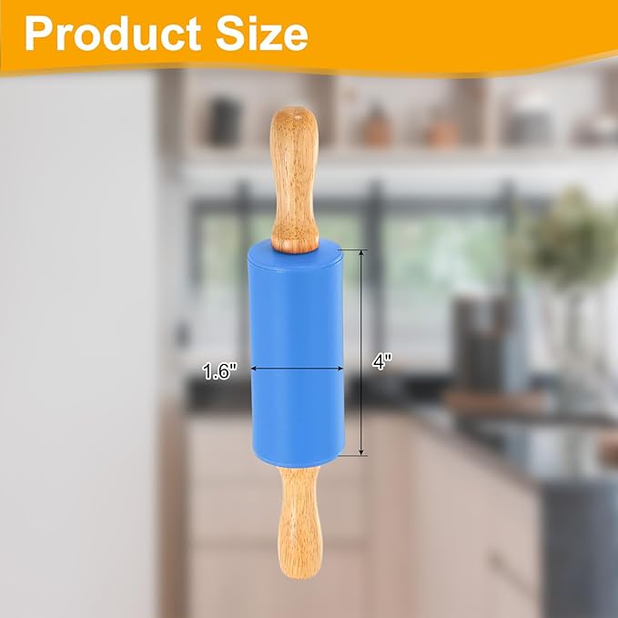 uxcell 4 Inch Silicone Rolling Pin, Small Dough Roller with Wood Handle for Pizza Pastry Fondant Kitchen, Blue