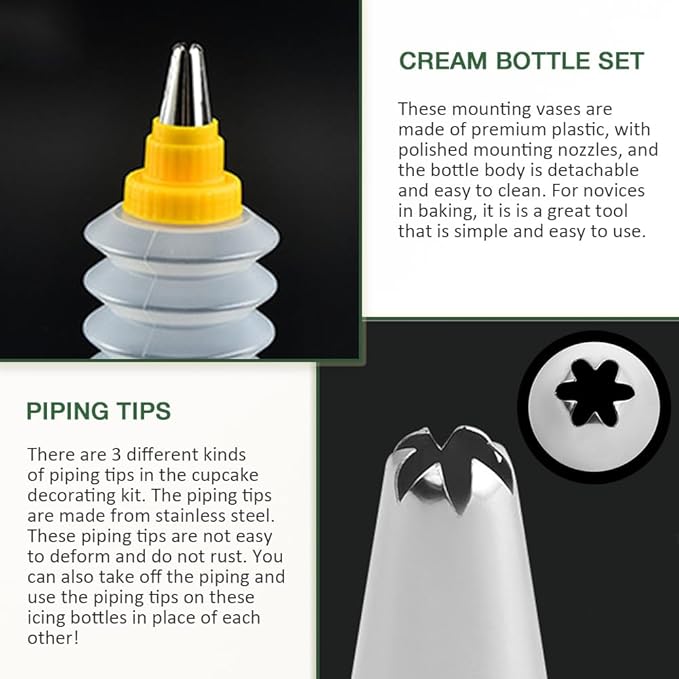 Icing Bottles with Stainless Steel Piping Tips (8 pcs) - 2 Foldable, 4 Beak, 2 Bicolor Bottles, Plastic & Stainless Steel, White & Yellow, Cake Decorating