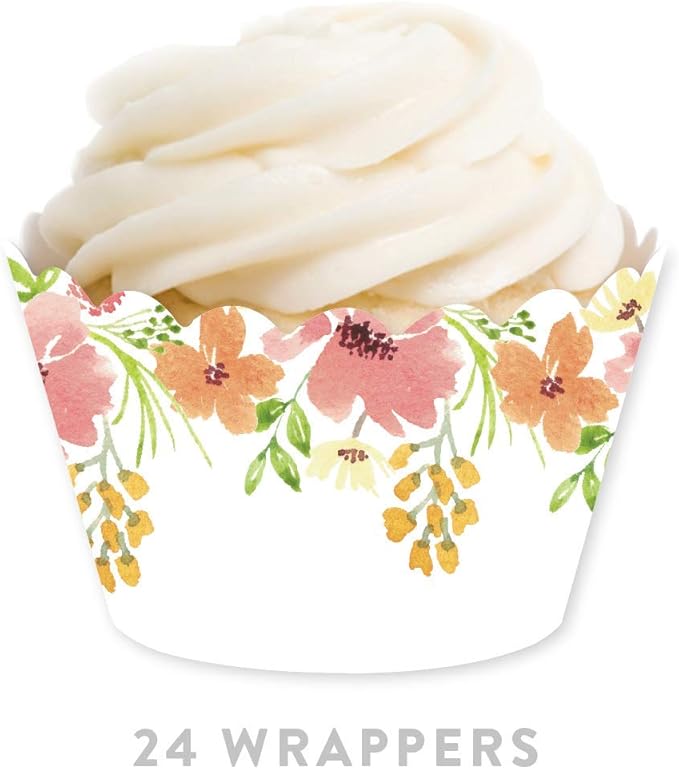 Andaz Press Party Cupcake Wrapper Decorations, Bohemian Vintage Pink and Peach Floral Flowers on White, 24-Pack, For Girls 1st Birthday Baby Bridal Shower Tea Party Themed Decorations