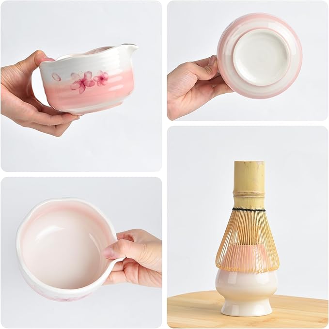7PCS Matcha Whisk Set, Sakura Cherry Bloosm Matcha Kit Christmas Gifts for Women Birthdays Mom Girls Kids and Matcha Tea Lover, with Bamboo Whisk, Holder, Bowl, Scoop, Sifter, Towel, and Elegant box