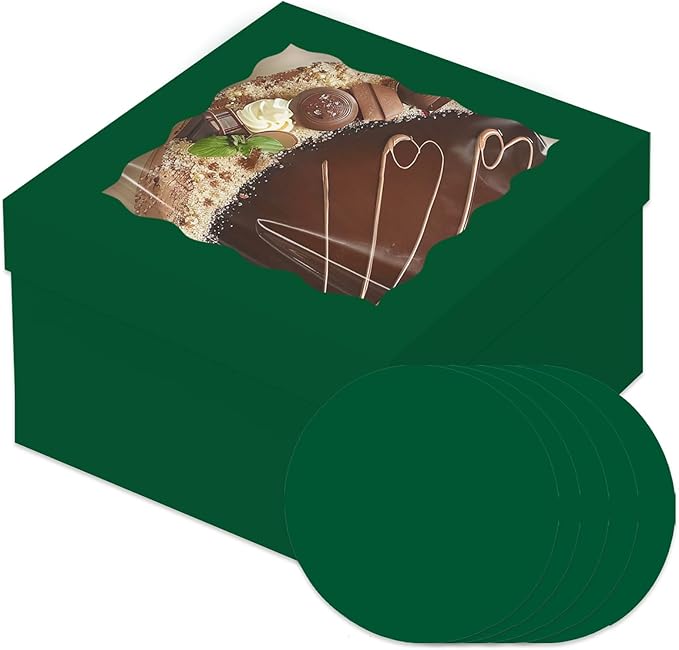 Bakepacker 36pcs 12x12x6 Inches Cake Boxes with Window 18-Packs Deep Green Cake Boxes 12 Inch Bakery Boxes (18 Cake Boxes +18 Cake Boards)