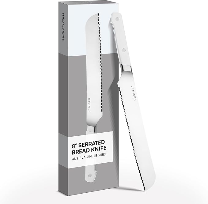 Misen Serrated Bread Knife – High-Carbon Japanese AUS8 Steel – Effortless Slicing of Bread, Pastries, and Fruits – Razor-Sharp Edge and Durable Blade with Ergonomic Handle - 8", White