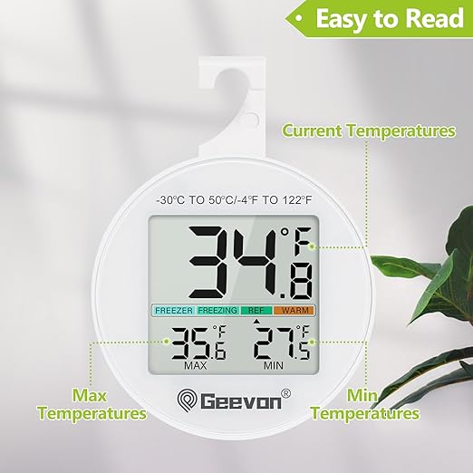 Geevon Small Digital Refrigerator Thermometer 2 Pack, IP65 Waterproof Commercial and Home Use, Max/Min Record Function with LCD Screen, Stand and Magnetic Back, for Fridge, Freezer Scenarios