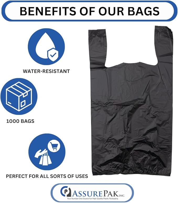 ASSUREPAK Easy Open - 1000 Bags - Black Unprinted HDPE T-Shirt Bags - 1/6 BBL 11.5"X6"X21" - 13 microns - Black - LOOP-BLACK-EO