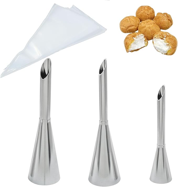 3 Pack Stainless Steel Piping Nozzle Tips with 50 Piping Bags, Long Cream Puff & Small Filling Nozzles for Cake/Pastry Decorating