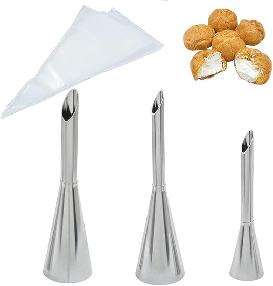 3 Pack Stainless Steel Piping Nozzle Tips with 50 Piping Bags, Long Cream Puff & Small Filling Nozzles for Cake/Pastry Decorating