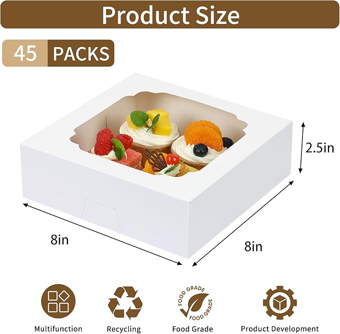 Moretoes 45pcs Bakery Boxes, 8x8x2.5 Inches Cookie Boxes with Window Treat Container for Pie, Strawberry Chocolate, Cakes, Pastries