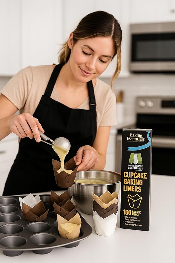 150pcs Beige Greece Proof Tulip Cup Cake Liner for Baking Cups Parchment Paper Tulip Muffin Liners Cupcake Party Wrapper (Biege)