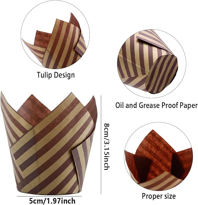 200 Pieces Tulip Cupcake Muffin Liners Greaseproof Paper Baking Cups Cupcake Wrappers for Birthday Wedding Party Baby Showers Catering Restaurants(Stripe Coffee)