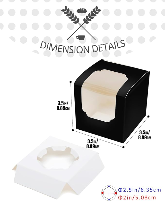 qiqee Black Cupcake Boxes Individual Cupcake Container 100pcs 3.5" x 3.5" x 3.5" Auto-Pop up Single Cupcake Boxes(100 Boxes+100 Inserts)