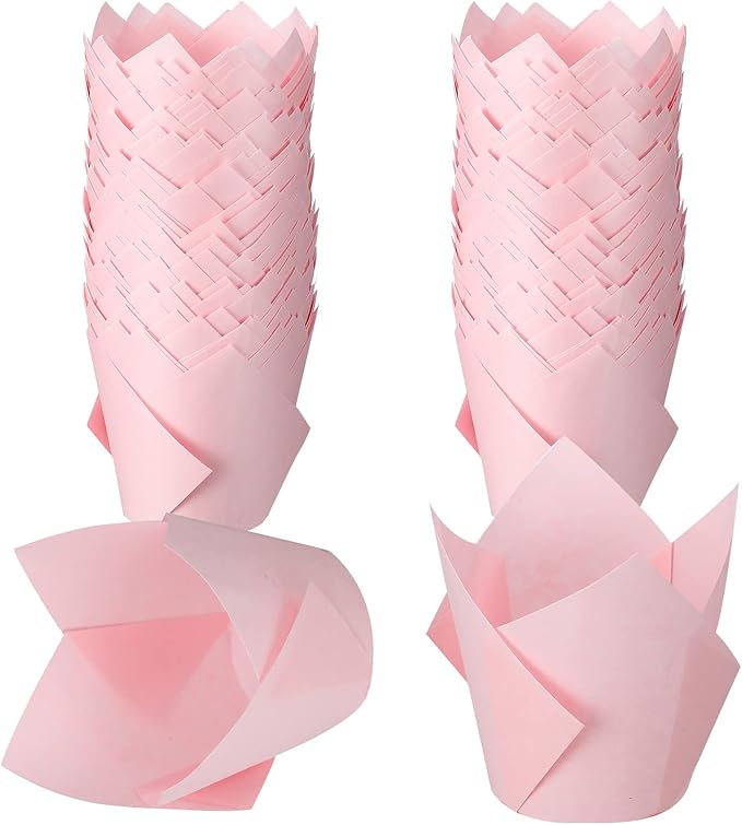 Jutom 200 Pack Tulip Cupcake Liners Paper Baking Cups Greaseproof Muffin Liners Grease Resistant Cupcake Wrappers for Weddings Birthday Cake Balls Muffins Candy Jelly Party(Pink)