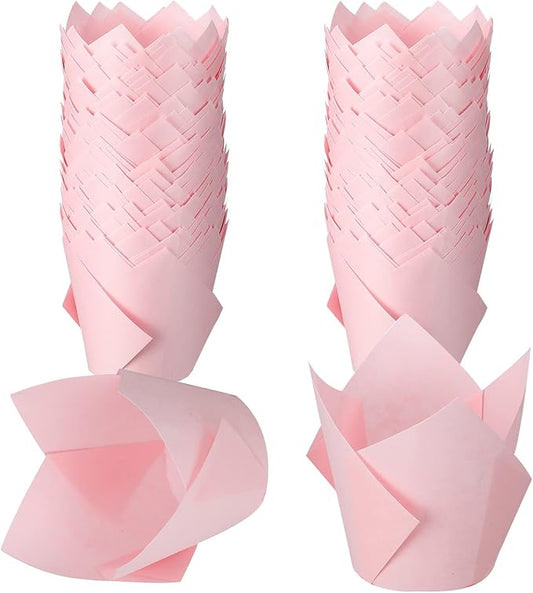 Jutom 200 Pack Tulip Cupcake Liners Paper Baking Cups Greaseproof Muffin Liners Grease Resistant Cupcake Wrappers for Weddings Birthday Cake Balls Muffins Candy Jelly Party(Pink)