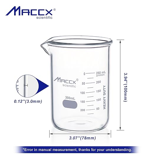 10.15oz(300ml) Sturdy Glass Beaker, Heavy-Duty Lab Beaker Set, 3.3 Borosilicate Griffin Low Form with Printed Graduation, Pack of 12, BKL300-012